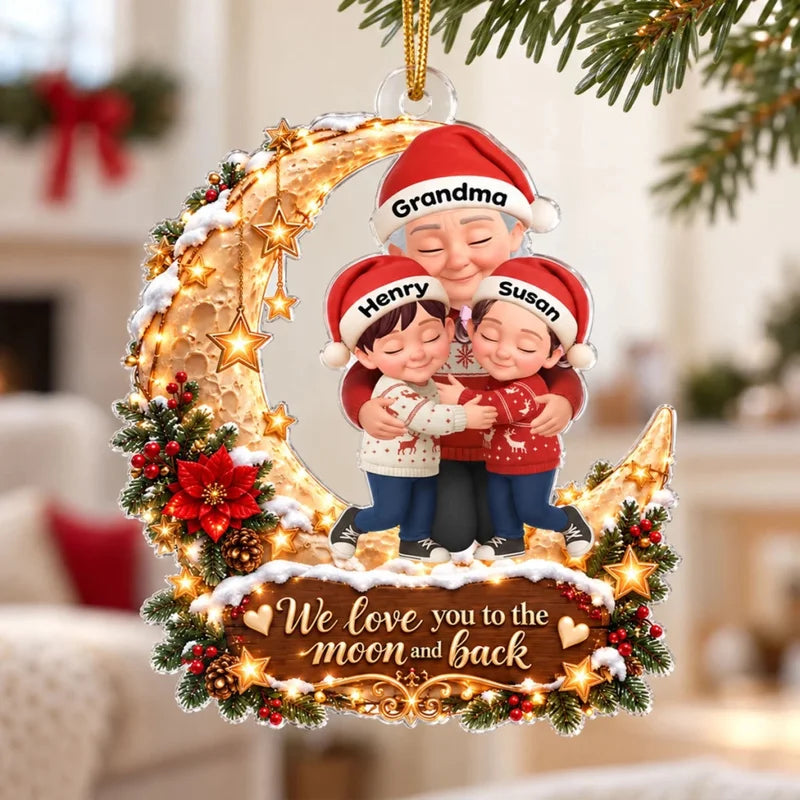 Grandma Grandkid Hugging on Moon - Personalized Acrylic Ornament - Christmas Gift for Grandma, Grand