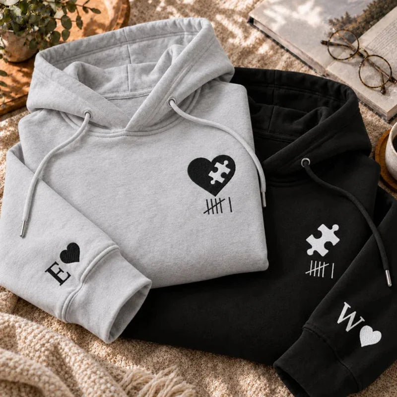 Personalized Dual Print Classic Tee, Matching Heart & Puzzle Couple Design, Unique Anniversary Gift