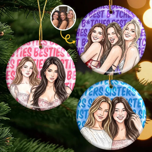 Custom Photo Watercolor Bestie Christmas Keepsake - Personalized Ceramic Ornament