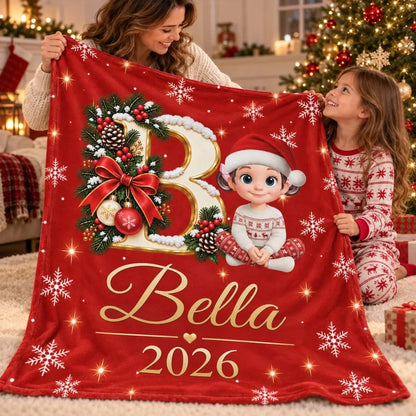 Custom Name Initial Letter - Personalized Fleece Blanket - Christmas Gift for Daughter, Son, Grandki