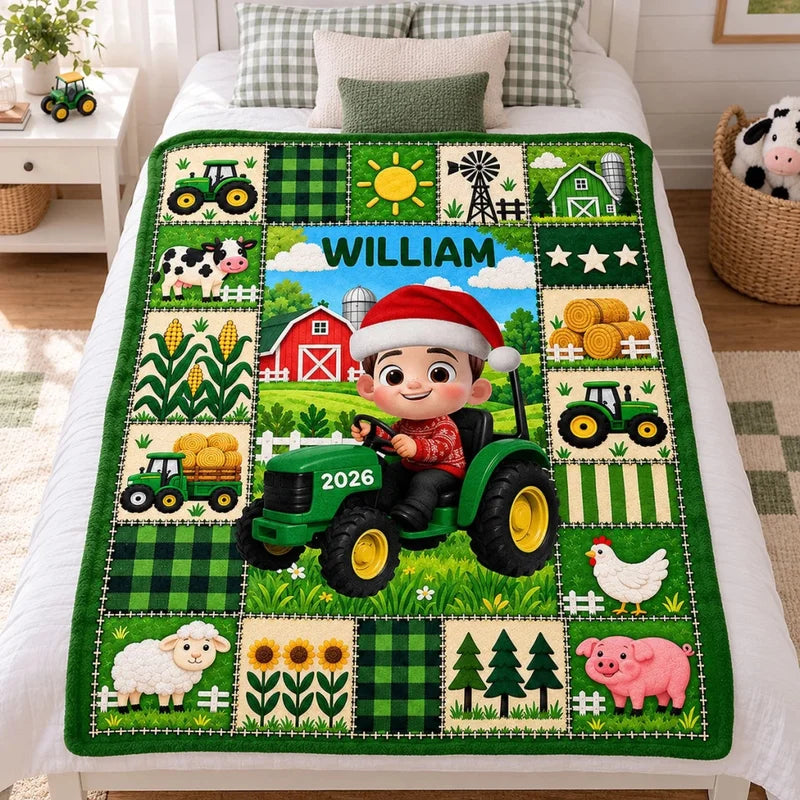 Little Boy Girl With Tractor Excavator Backhoe Christmas - Personalized Blanket - Gift For Grandkids