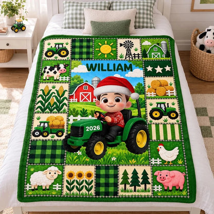 Little Boy Girl With Tractor Excavator Backhoe Christmas - Personalized Blanket - Gift For Grandkids