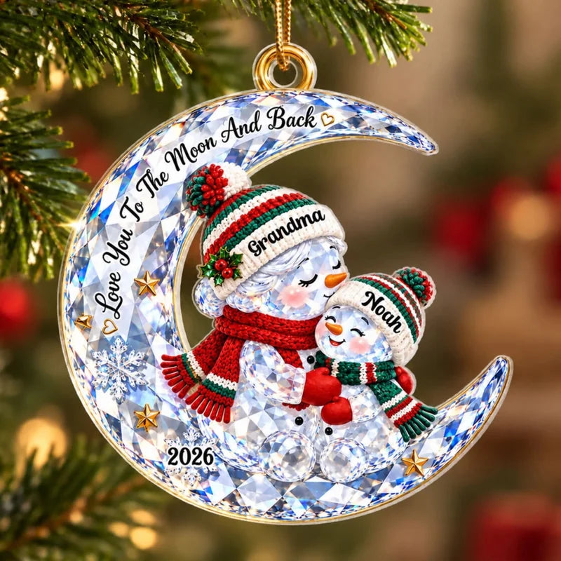 Grandma Grandkid Snowman On Moon Shiny Effect 2D Flat Printed - Personalized Acrylic Ornament - Chri