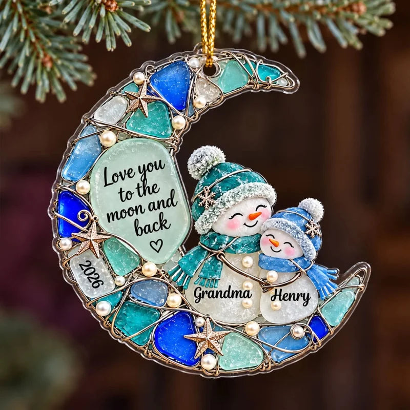 Grandma Grandkid Snowman On Moon 2D Flat Printed - Personalized Acrylic Ornament - Christmas Gift Fo