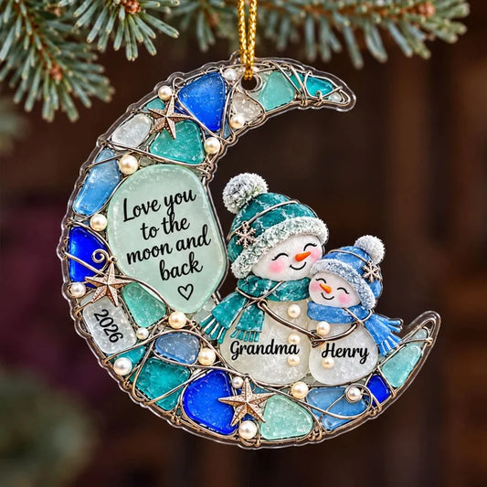 Grandma Grandkid Snowman On Moon 2D Flat Printed - Personalized Acrylic Ornament - Christmas Gift Fo