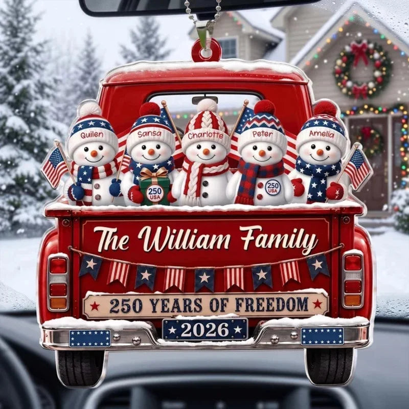 Personalized Acrylic Car Hanger, Snowman Family Riding in a Red Truck, Creative Keepsake Gift for Pa