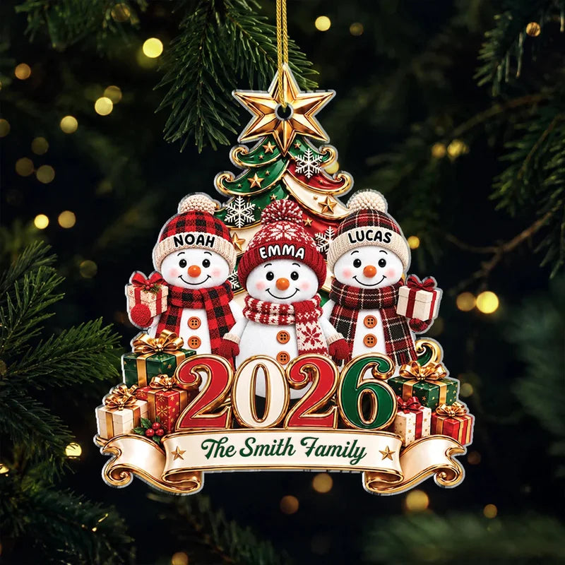Personalized Snowman Family Acrylic Ornament - Custom 2026 Christmas Keepsake Gift
