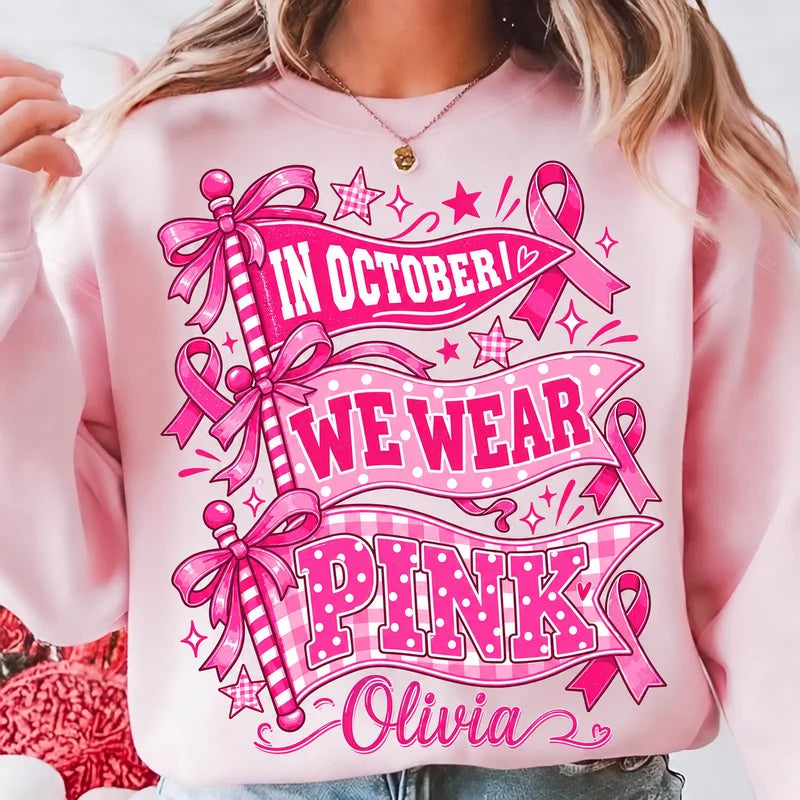 Pink Awareness Sweatshirt with Bows and Stars, Personalized Creative Gift for Friends and Supporters