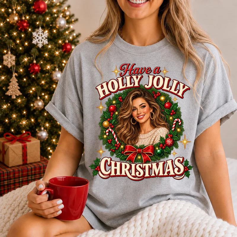 Personalized Retro Christmas Sweatshirt, Holly Jolly Woman in Wreath, Unique Gift for Her