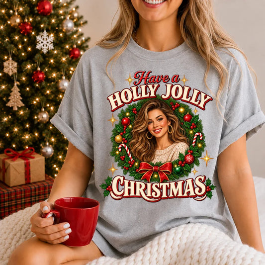 Personalized Retro Christmas Sweatshirt, Holly Jolly Woman in Wreath, Unique Gift for Her