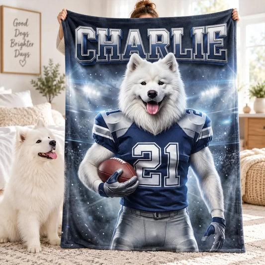 Custom Football Dog Cat Portrait from Photo - Personalized Fleece Blanket - Christmas Gift for Pet L