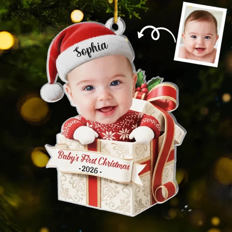 Custom Photo First Christmas Acrylic Ornament - Personalized Christmas Baby Shower, Gender Reveal Gi