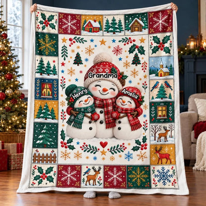 Snowman Grandma Grandkids Hugging - Personalized Fleece Blanket - Christmas Gift for Grandma, Grandk