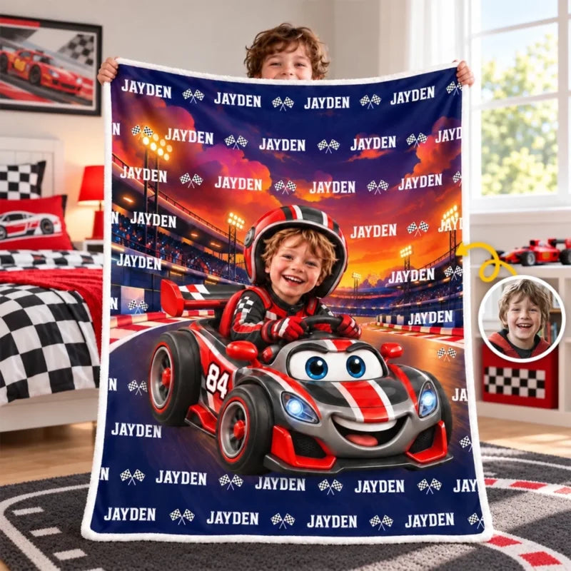 Custom Photo Checkered Flag Racing Gifts for Kids - Personalized Blanket