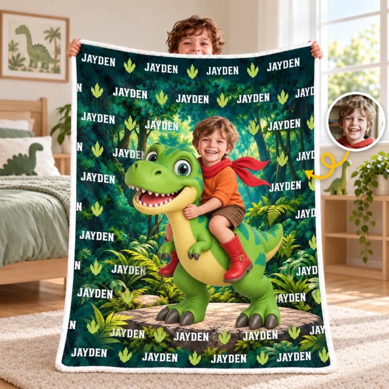 Custom Photo and Name Dinosaur Gifts for Kids - Personalized Blanket