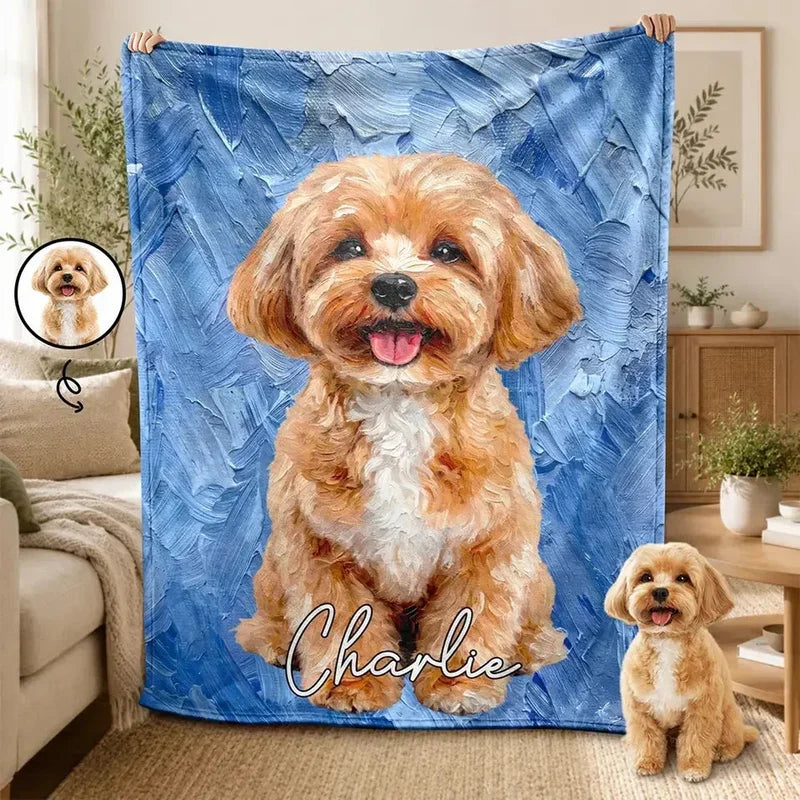 Personalized Fleece Blanket with Oil Painted Sitting Dog Portrait, Creative Gift for Dog Lovers