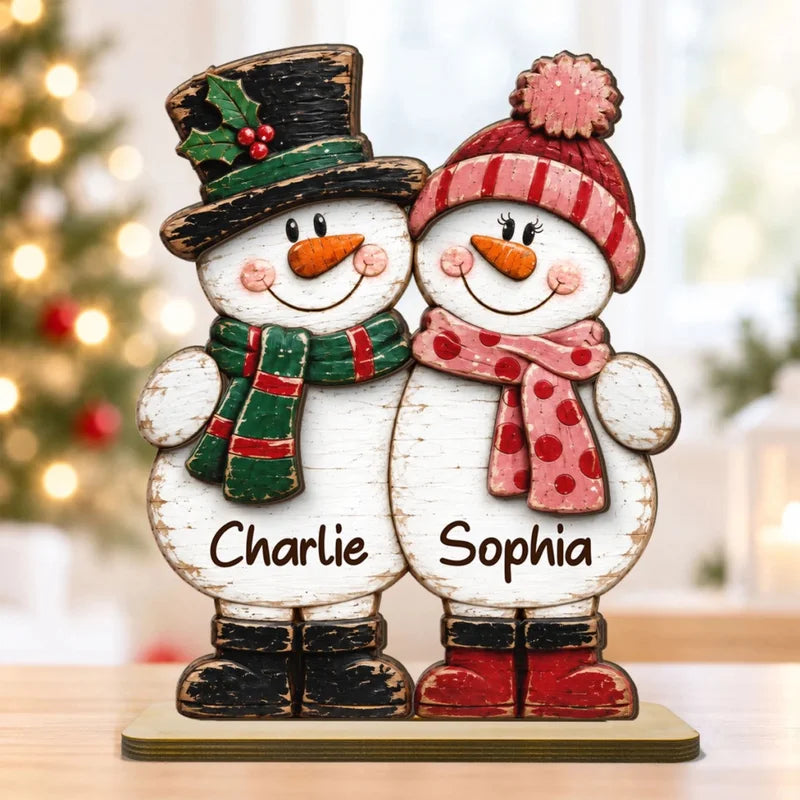 Retro Vintage Rustic Snowman Couple Forever Together - Personalized 2-Layered Wooden Plaque - Christ