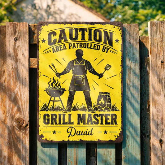 Caution Area Patrolled By Grill Master With BBQ Grill and Tongs - Personalized Metal Sign - COOK072_