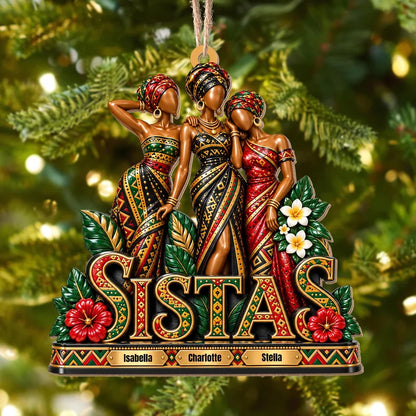 Sistas African Girls Wearing Colorful Head Wraps And Jewelry - Personalized Custom Wood Ornament, Cu