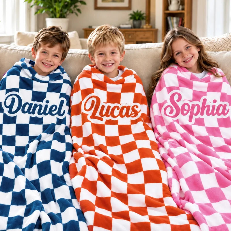 Custom Name Checkerboard Blanket - Personalized Throw Gift for Kids & Toddlers