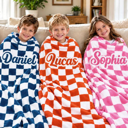 Custom Name Checkerboard Blanket - Personalized Throw Gift for Kids & Toddlers
