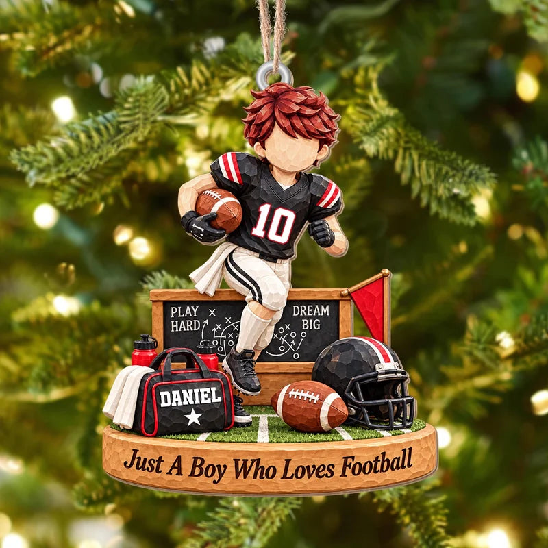 Just A Boy Who Loves Football Player And Helmet Gear - Personalized Custom Wood Ornament, Custom Sha