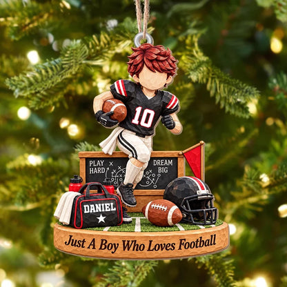 Just A Boy Who Loves Football Player And Helmet Gear - Personalized Custom Wood Ornament, Custom Sha
