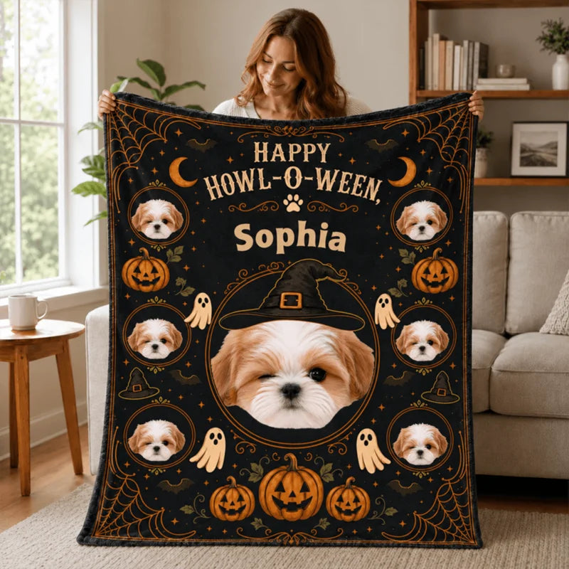 Personalized Halloween Pet Photo Blanket with Name, Witch Hat, Pumpkins & Ghosts, Spooky Cute Gift f