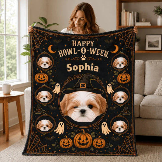Personalized Halloween Pet Photo Blanket with Name, Witch Hat, Pumpkins & Ghosts, Spooky Cute Gift f