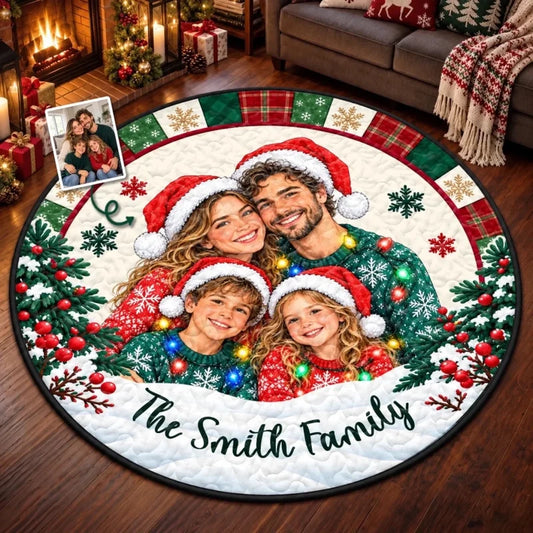Custom Photo Family Christmas Decor - Personalized Quilted Round Mat