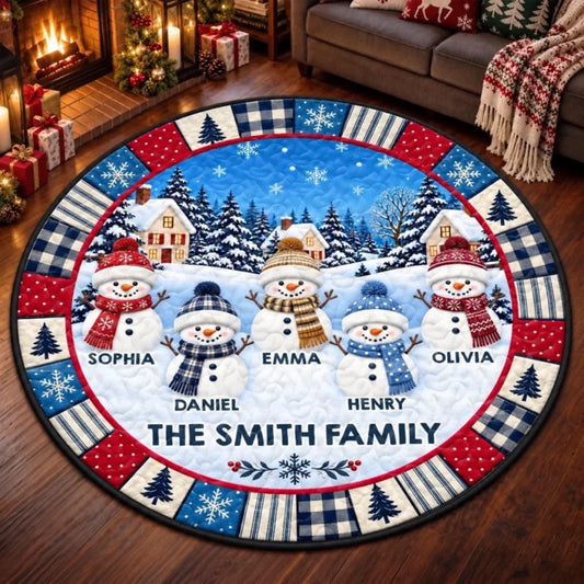 Custom Name Snowman Christmas Family Scene Decor - Personalized Quilted Round Mat