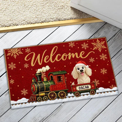 Personalized Standard Doormat with Christmas Dog Train, Red Snowflake Decor, Unique Gift for Dog Lov