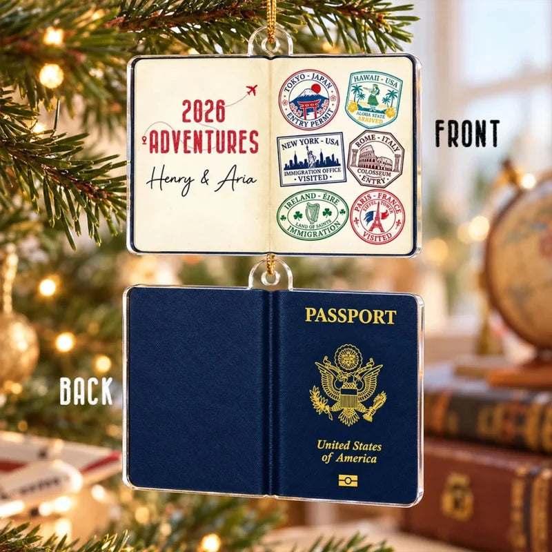Travel Passport Stamps - Personalized Acrylic Ornament - Custom Adventure Keepsake Gift for Couples 