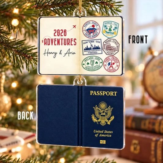 Travel Passport Stamps - Personalized Acrylic Ornament - Custom Adventure Keepsake Gift for Couples 