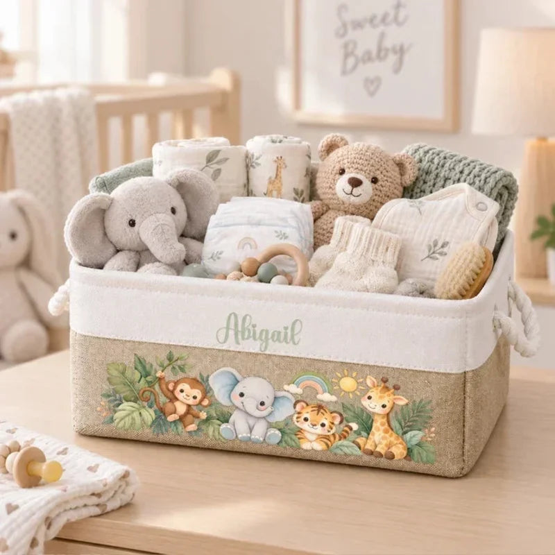 Personalized Cotton Linen Rope Basket with Watercolor Jungle Animals for Nursery Storage, Unique Bab