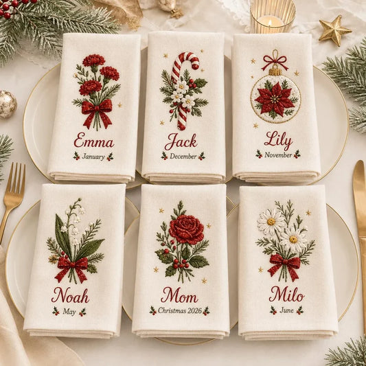 Personalized Reusable Cotton Napkin, Christmas Floral Place Setting, Unique Gift for Family