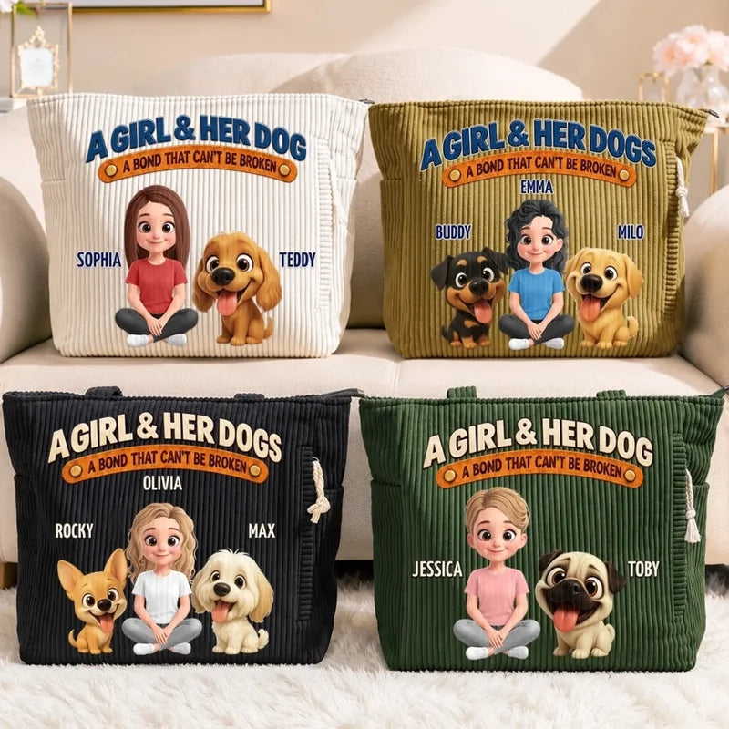 Custom Name Girl And Her Dogs Gifts For Dog Lovers - Personalized Corduroy Tote Bag