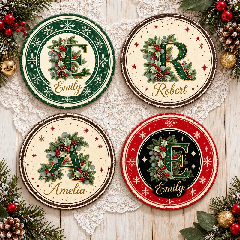 Personalized Round Ceramic Coaster with Vintage Christmas Monogram, Unique Gift for Family