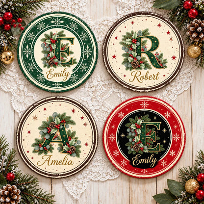 Personalized Round Ceramic Coaster with Vintage Christmas Monogram, Unique Gift for Family