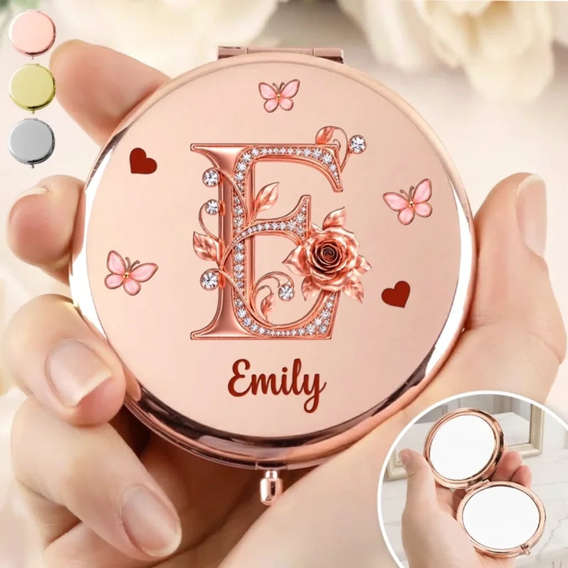 Custom Name Floral Initial Gifts for Women - Personalized Compact Mirror