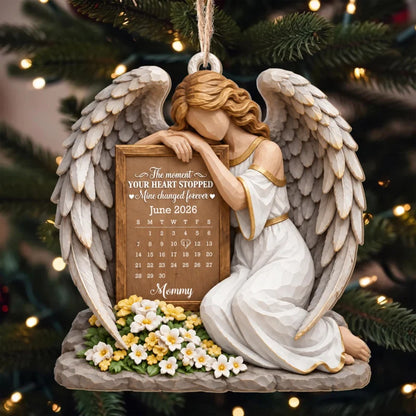 The Moment My Heart Stopped Angel Calendar Memorial Flowers - Personalized Custom Wood Ornament, Cus