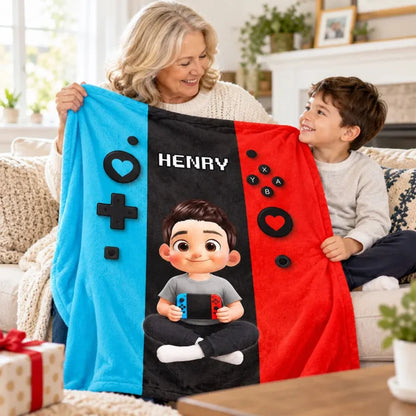 Personalized Fleece Blanket, Young Gamer Holding a Console, Heartfelt Creative Gift for Sons and Gra