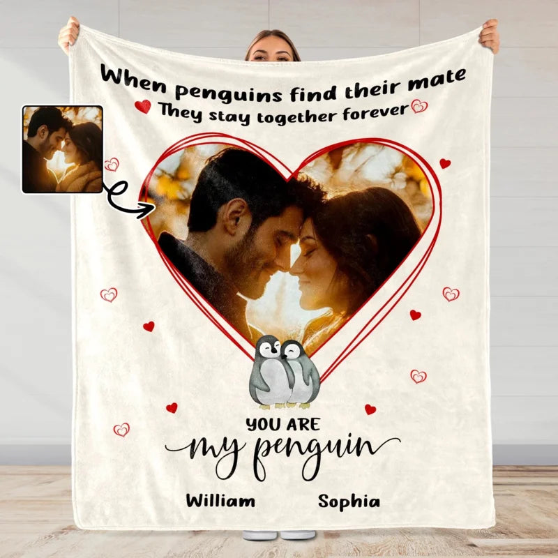 You Are My Penguin Personalized Couple Blanket with Custom Photo - Romantic Gift for Wife Husband