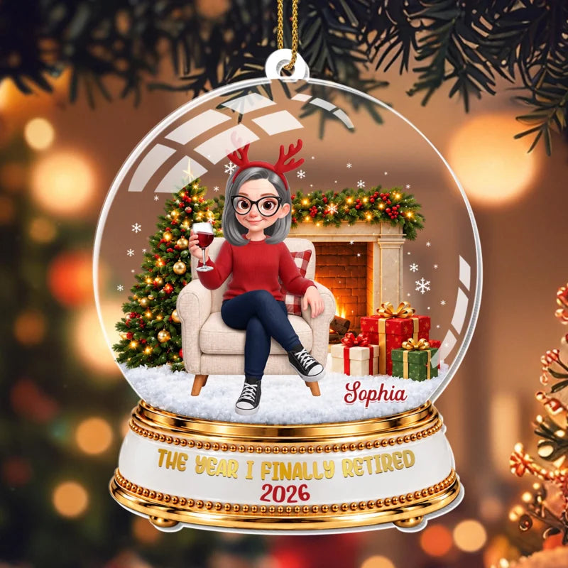 The Year I Finally Retired Snow Globe With Woman And Wine - Personalized Custom Acrylic Ornament, Ch