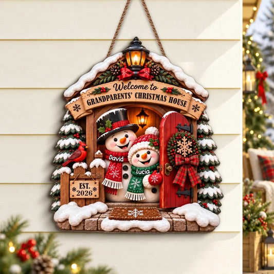 Welcome to Grandparents Christmas House With Snowman And Cardinal - Personalized Custom Shaped Wood 