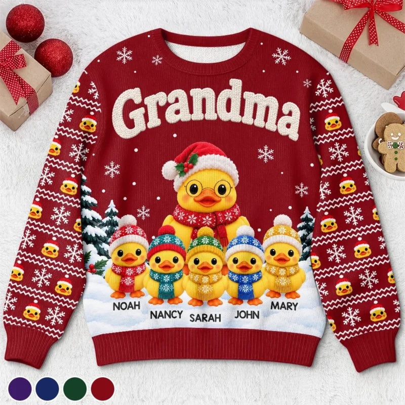 Custom Name Christmas Duck Family Gifts For Grandma - Personalized Ugly Sweatshirt
