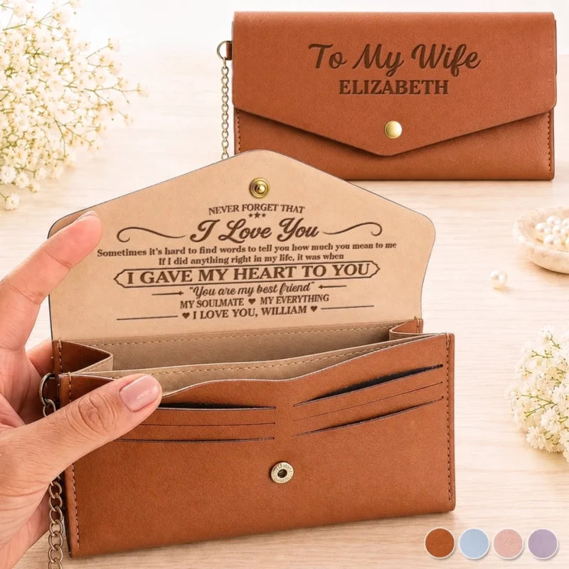 Custom Name Romantic Gifts For Wife - Personalized Leather Envelope Wallet