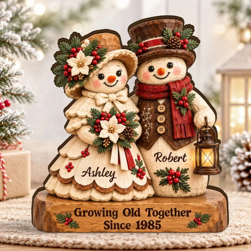 Retro Vintage Rustic Snowman Couple Cozy Christmas Vibe - Personalized Wooden Block Plaque - Christm