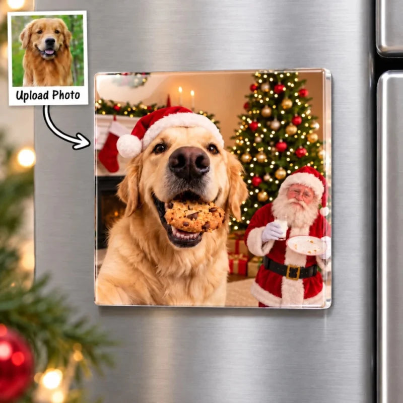 Dog Cat Steal Cookie From Santa Upload Pet Photo - Personalized Acrylic Fridge Magnet - Funny Christ