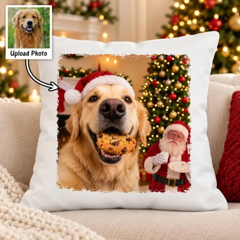 Dog Cat Steal Cookie From Santa Upload Pet Photo - Personalized Pillow- Funny Christmas Gift For Dog